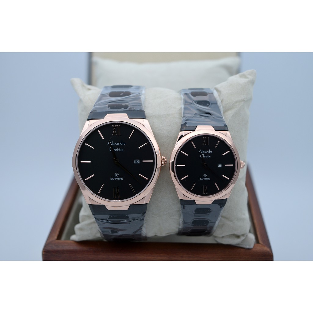 Alexandre Christie AC 8542 Rose Gold Black Saphire Couple Edition Original