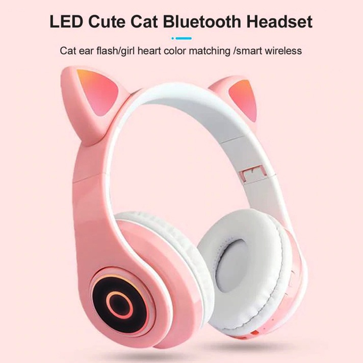 Headphone Bluetooth Wireless Telinga Kucing Lucu TF Card AUX Mic LED