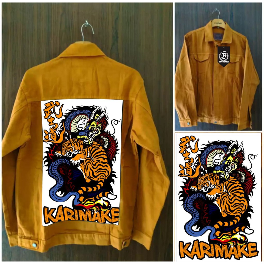 Eta Karimake jaket jeans mostrad ( kuning kunyit ) gambar belakang macan putih 3 dimensi terbaru