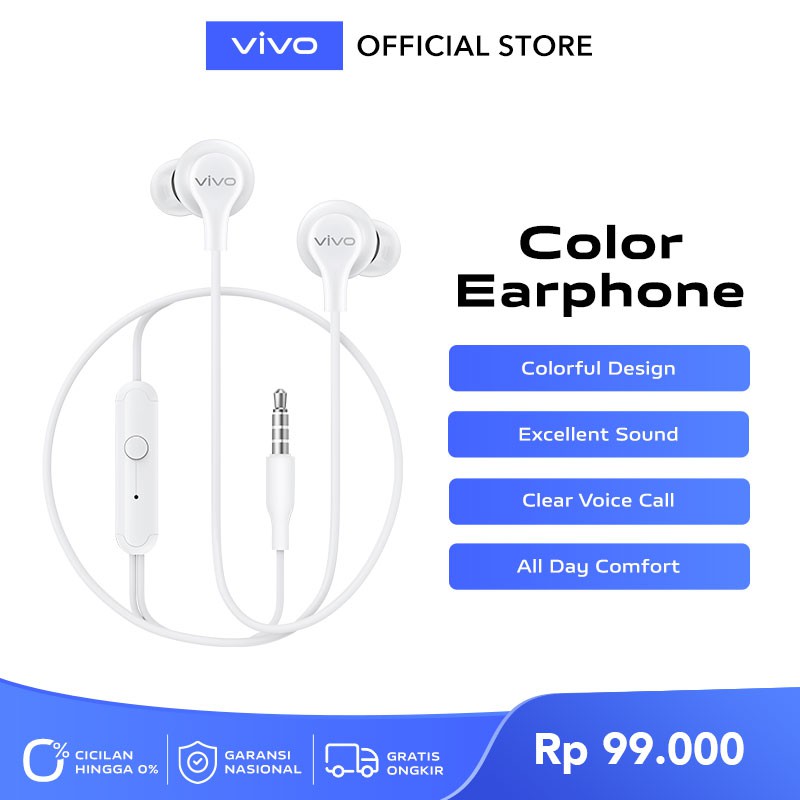 vivo Color Earphone Original [Suara HD Berkualitas, Suara Telpon Jernih] - Garansi Resmi 6 Bulan-White