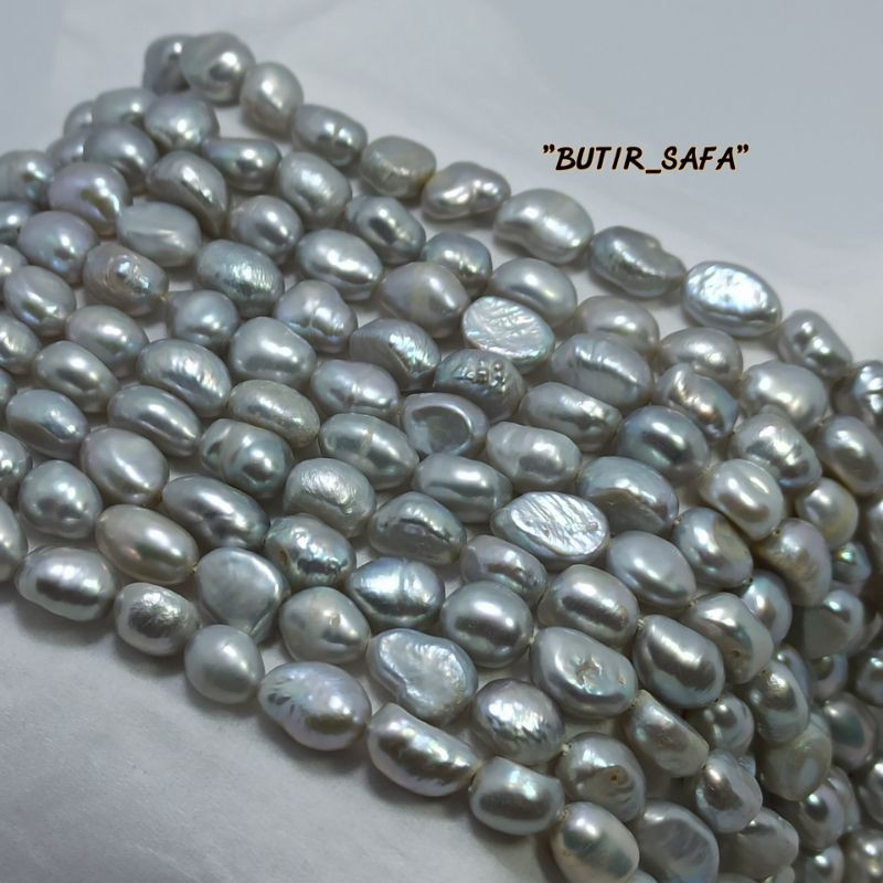 MUTIARA AIR TAWAR ASLI WARNA LANGKA SILVER ABU ABU 8X9MM GELANG KALUNG