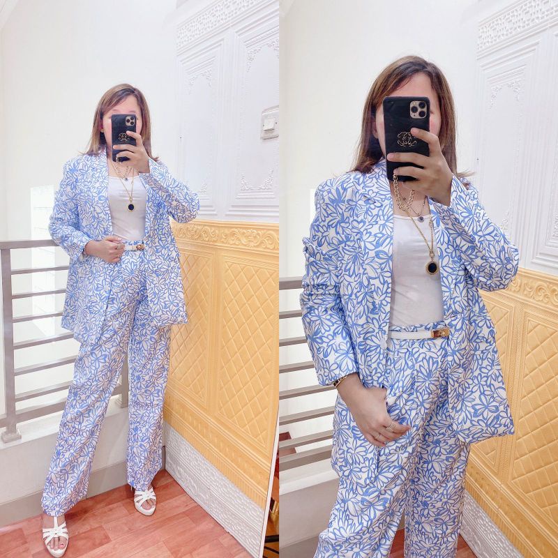 SET BLAZER ZARA** BUNGA BIRU ( no inner)