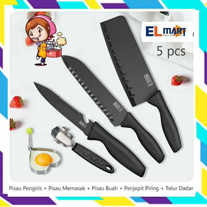 Elmart Pisau Dapur Set 5pc Knife Set Black Marble Serbaguna El12