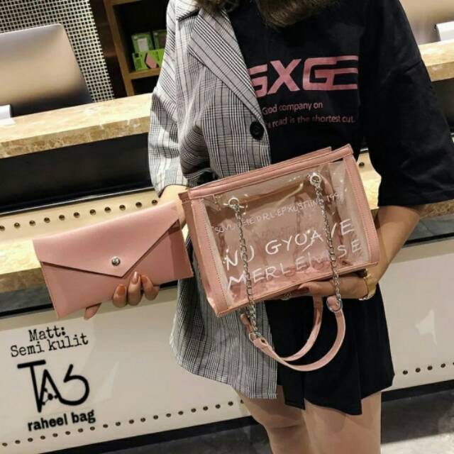 TAS TRANSPARANT 2IN1 LUCU MURAH HANDLE BAG POUCH KULIAH MAIN SANTAI KOREA MODEL MINISO IMPORT