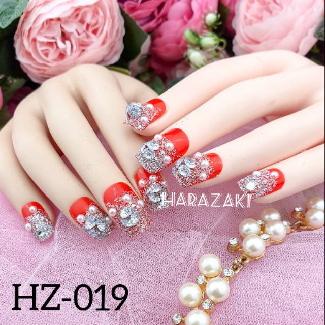 HZ019 kuku palsu merah diamond mutiara