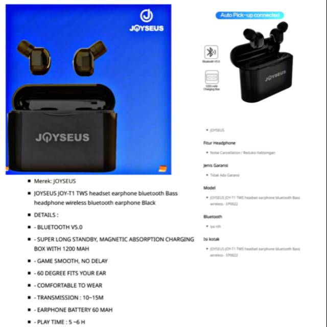 PROMO JOYSEUS JOY T-1 TWS HEADSET EARPHONE BLUETOOTH BASS - HITAM