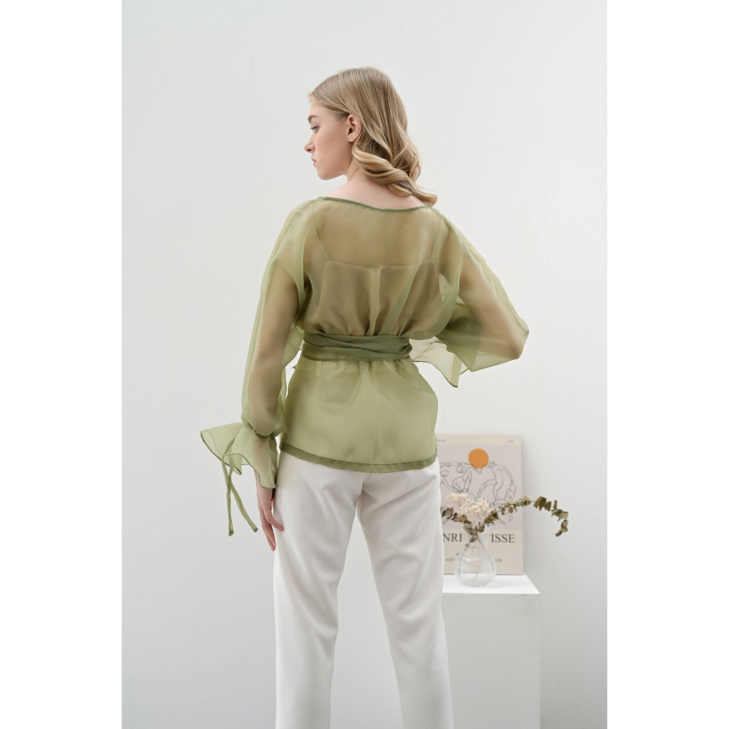 Aura Label - Rosie Bow Organza Top Sage Green - MOST WANTED blouse wanita organza sage green pita puff