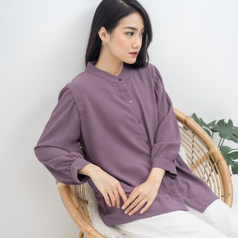 Reva Blouse Crinkle - Kemeja Blouse - Kemeja polos - Atasan Wanita - Oneck  Longsleeve  - Kerah Shanghai