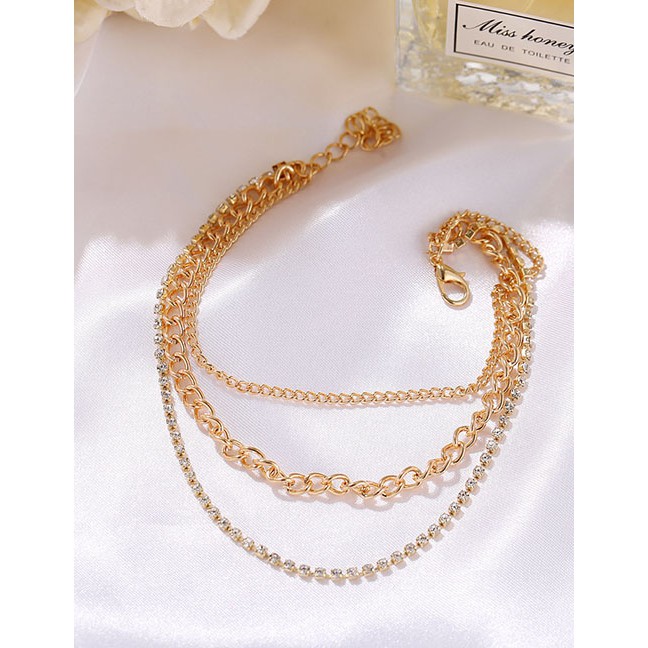 LRC Gelang Kaki Fashion Golden Set Of Three-layer Anklet With Diamonds D98357