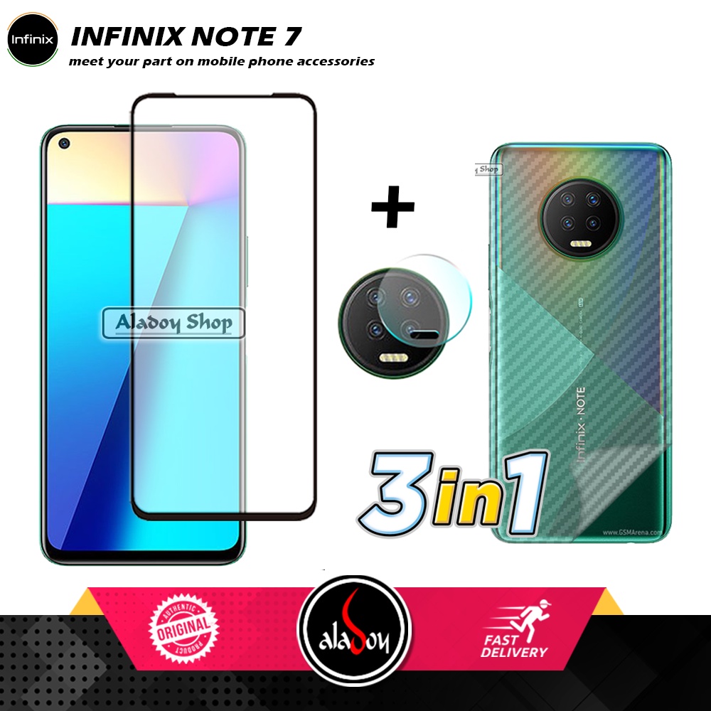 PAKET 3 IN1 Tempered Glass Layar Infinix Note 7 Free Tempered Glass Camera dan Skin Carbon