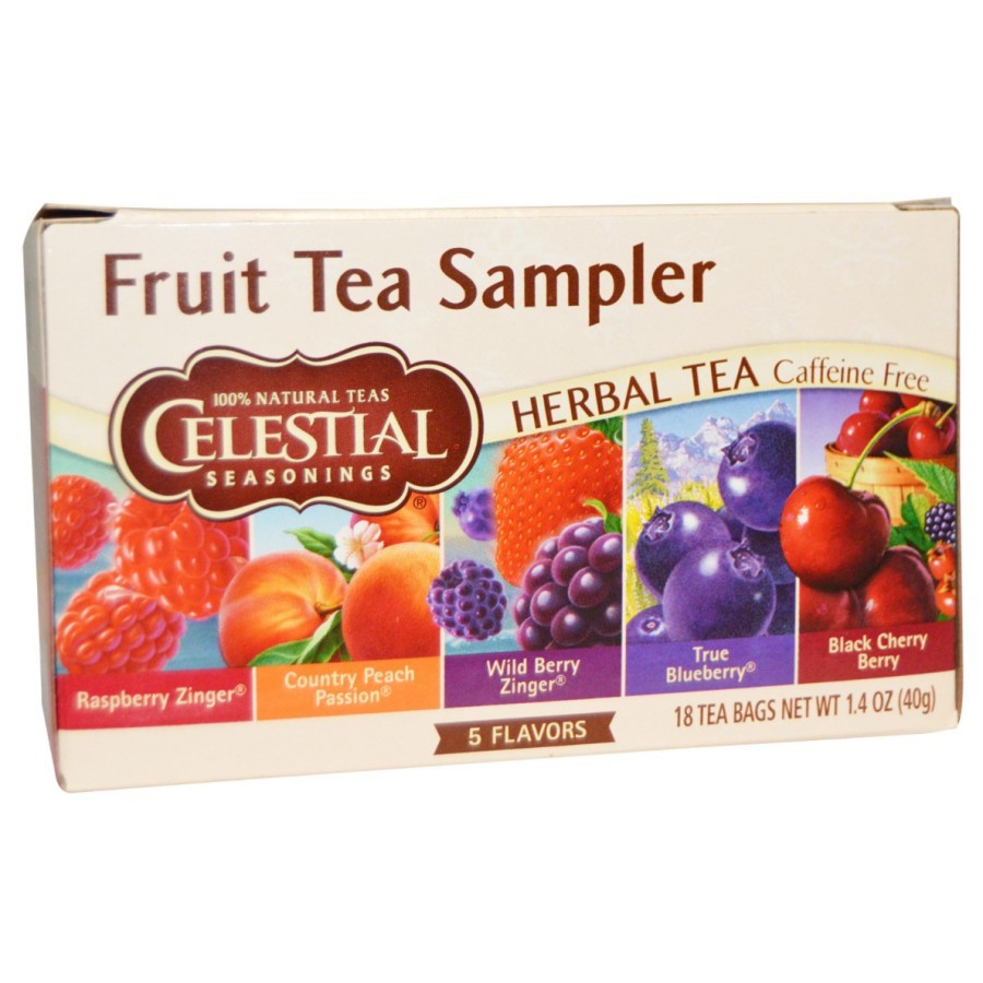 

Celestial Herbal Tea FRUIT TEA SAMPLER 5 Flavors Caffein Free 18 Tea