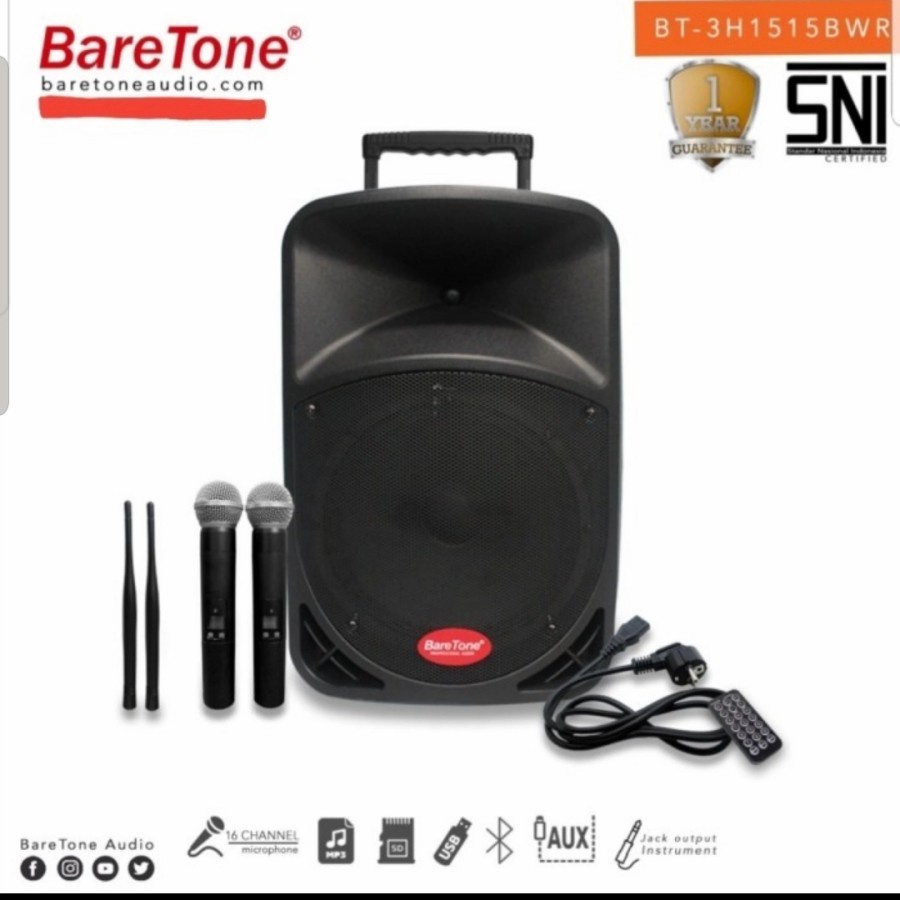 Speaker Portable Wireless Baretone BT 3H1515BWR ( 15 inch ) ORIGINAL