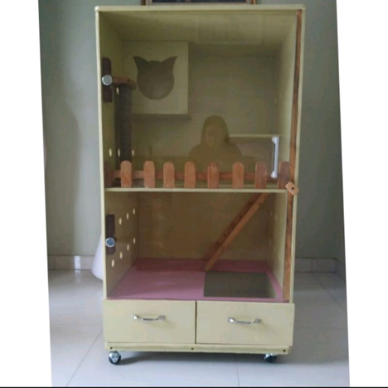 kandang kucing bahan kayu bisa custom pintu kaca akrilik mewah