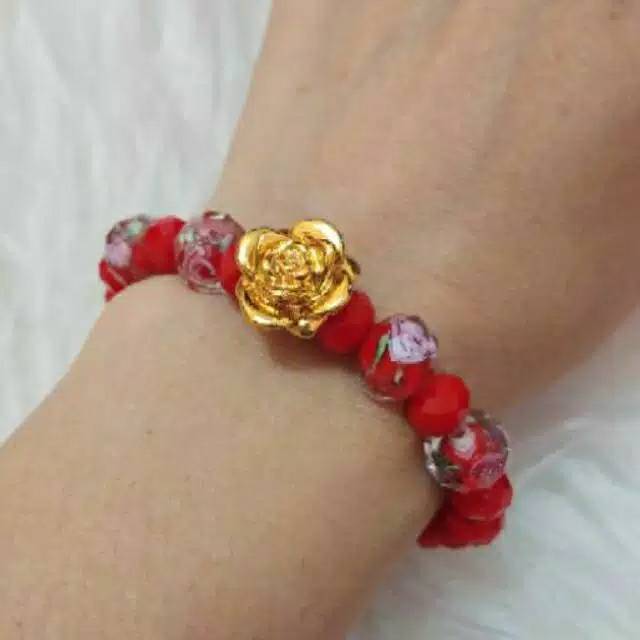 Gelang Kristal Merah Bunga Lampwork ( 4 bh )