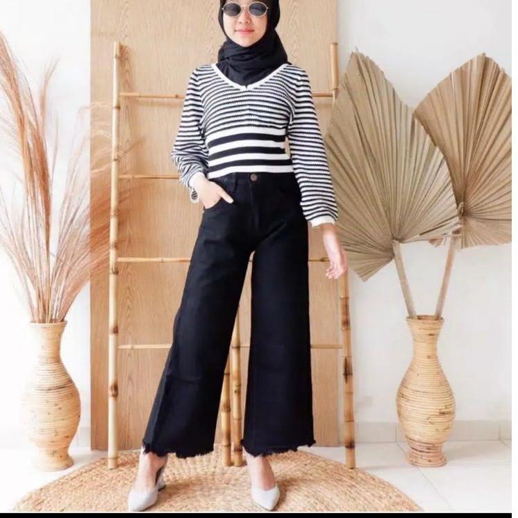 HIGH WAIST KULOT JEANS RAWIS HITAM DAN PUTIH//FREE BELT {ATB.26Au22ᴴ}