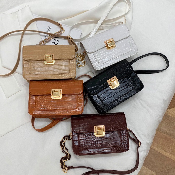 Tas Selempang Bahu Wanita Model Vintage Premium Import Rantai Tebal Kulit Croco TAS086