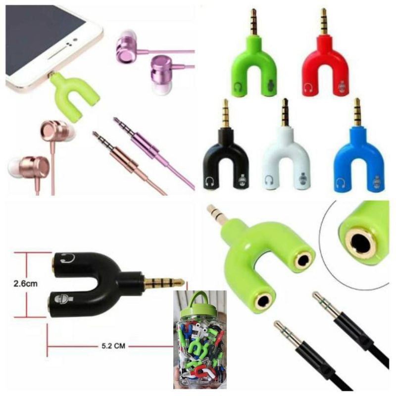Audio Splitter U Shape 2in1 Jack 3.5mm to Dual Female Headset + Mic 2 Lubang Colokan