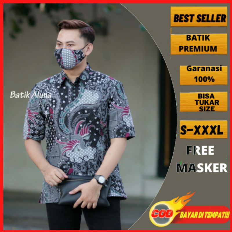 Batik pria lengan pendek katun premium solo keris free masker SKU 021