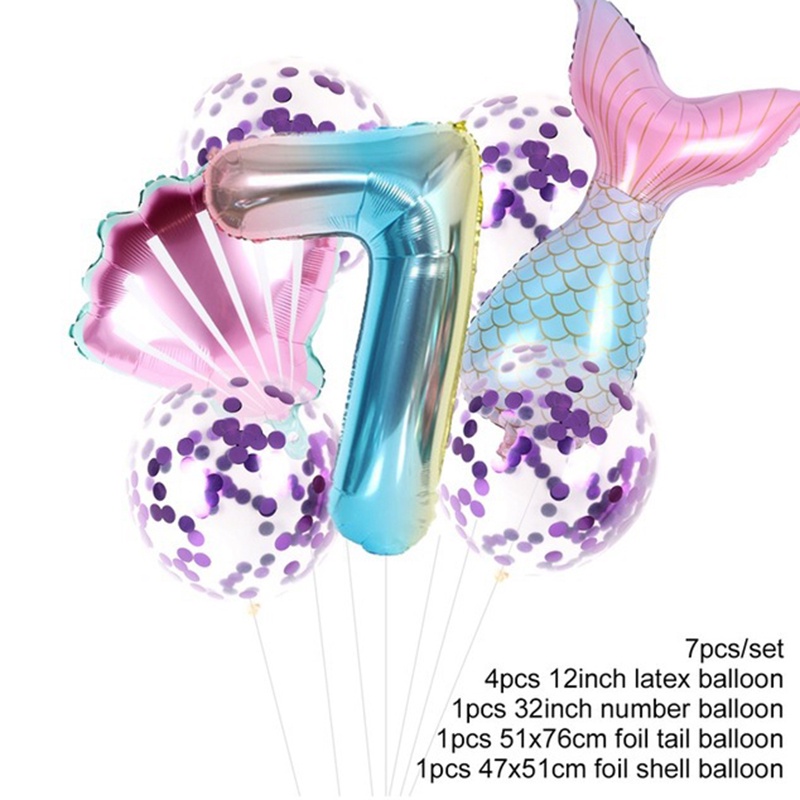 7pcs / Set Balon Foil Angka Bentuk Ekor Mermaid Untuk Dekorasi Pesta Ulang Tahun / Baby Shower