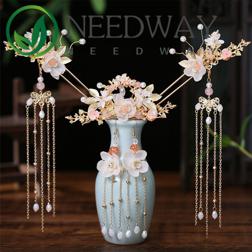 Needway  Hair Jewelry Hanfu Hair Stick Hair Clips Earrings Headwear Sets Women Flower Tassel Hairpins Chinese Crystal Hair Comb/Multicolor