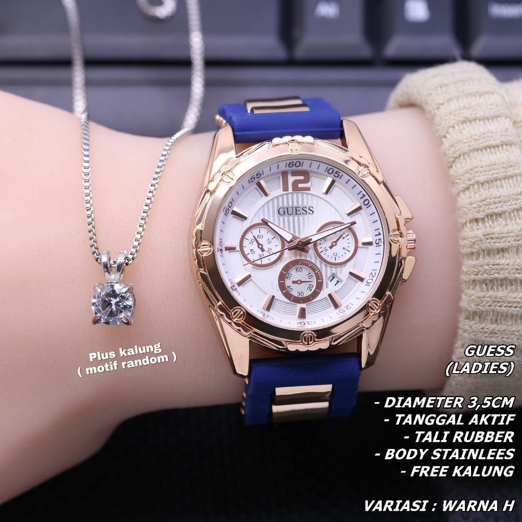 JAM TANGAN WANITA GUESS TALI RUBBER BODY BULAT TANGGAL AKTIF FREE KALUNG