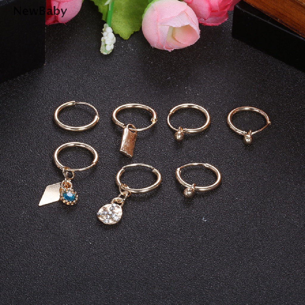 7pcs / Set Anting Tusuk Gantung Desain Geometri Hias Kristal Warna Gold Gaya Punk Untuk Wanita