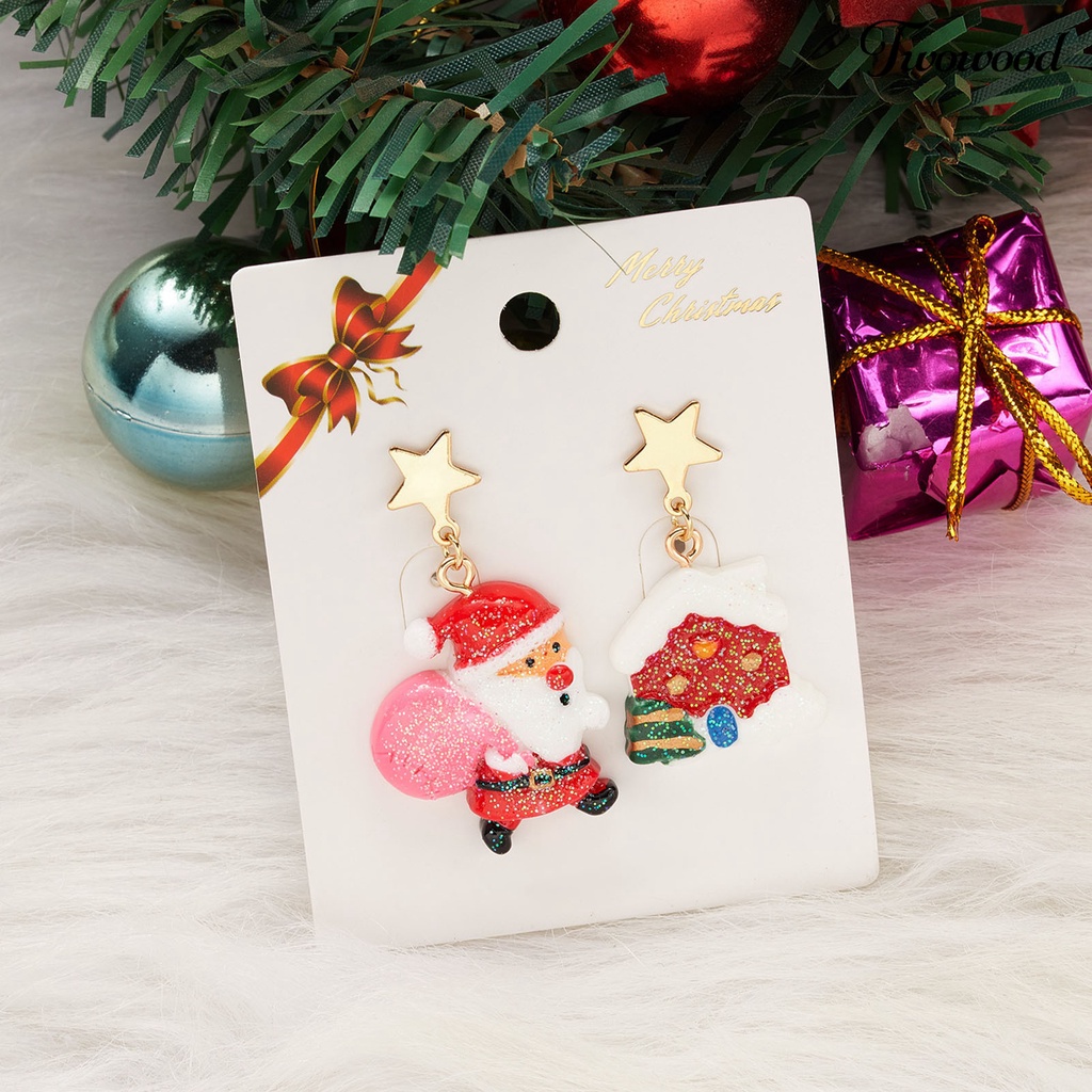 1 Pasang Anting Hook Liontin Santa Claus Pohon Natal Snowman Kaus Kaki Untuk Wanita