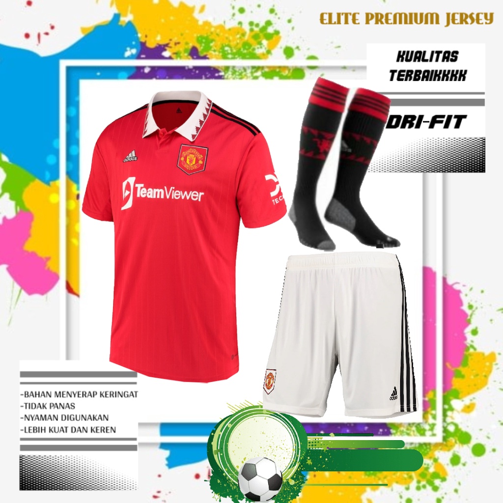 FULL SET SETELAN JERSEY, CELANA & KAOS KAKI SEPAK BOLA MU HOME 2022/2023 GRADE ORI KUALITAS PREMIUM 