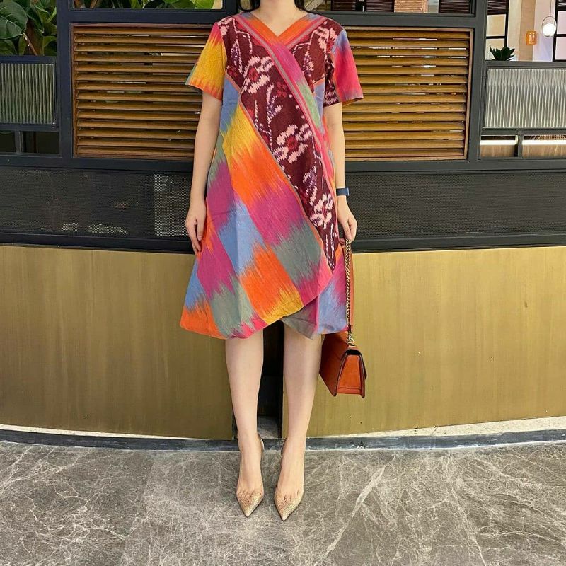 Dress serong baju tenun jepara ikat pinggang aktif DTB60