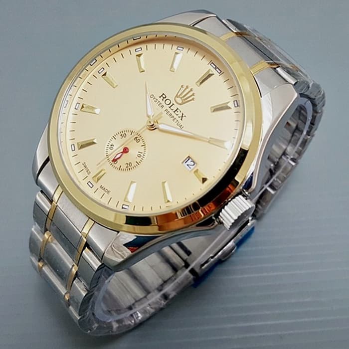 Jam Tangan Pria / Cowok Rolex Automatic Big Size Rantai Kombi Gold Army