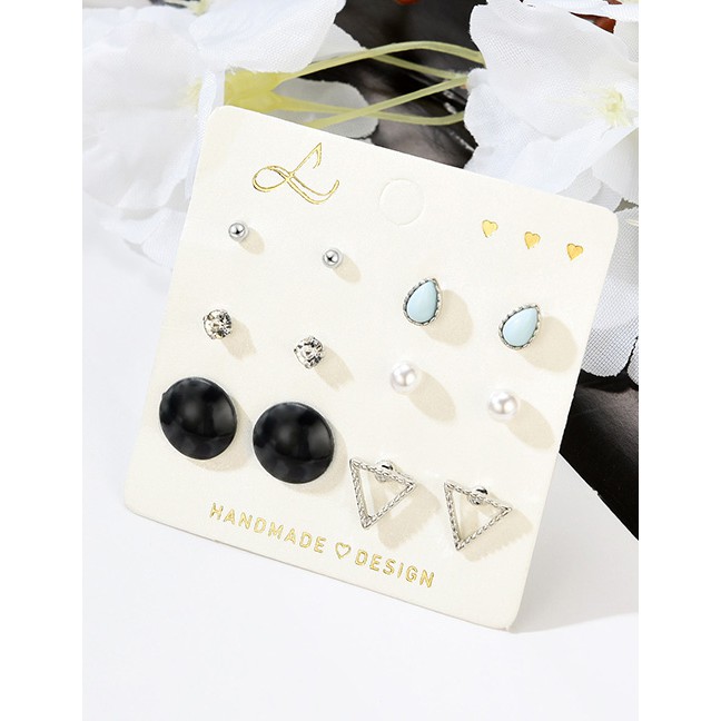 LRC Anting Set Fashion Silver Geometric Diamond-shaped Drop Pearl Stud Earrings 6 Pairs F29790