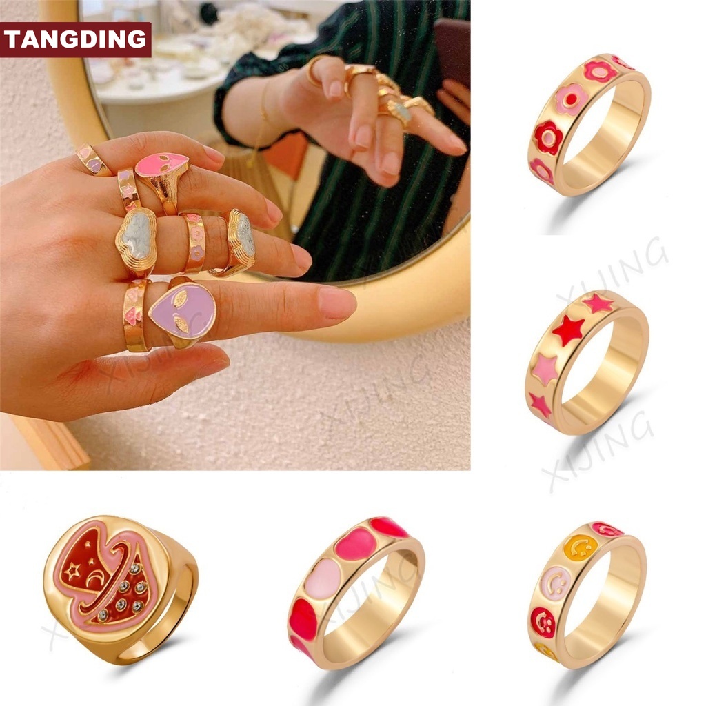 【COD Tangding】Smile Finger Rings Men Love Heart Alien Face Rings Women Punk Enamel Geometric Girls Crystal Fashion Jewelry