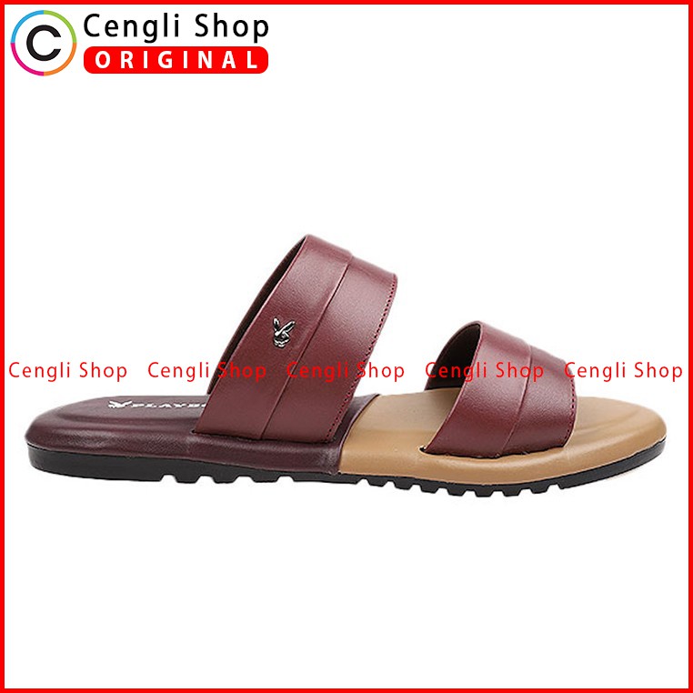 PLAYBOY SANDAL KULIT CASUAL PRIA ORIGINAL TERBARU MERAH MAROON PLD2