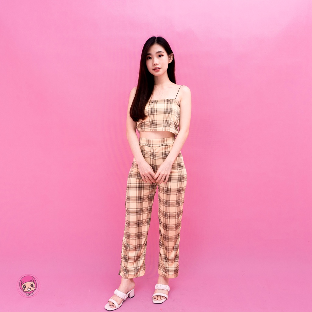 Set Honey Wanita Korean Style | Set TankTop Kotak Guilen Terkini-CREAM