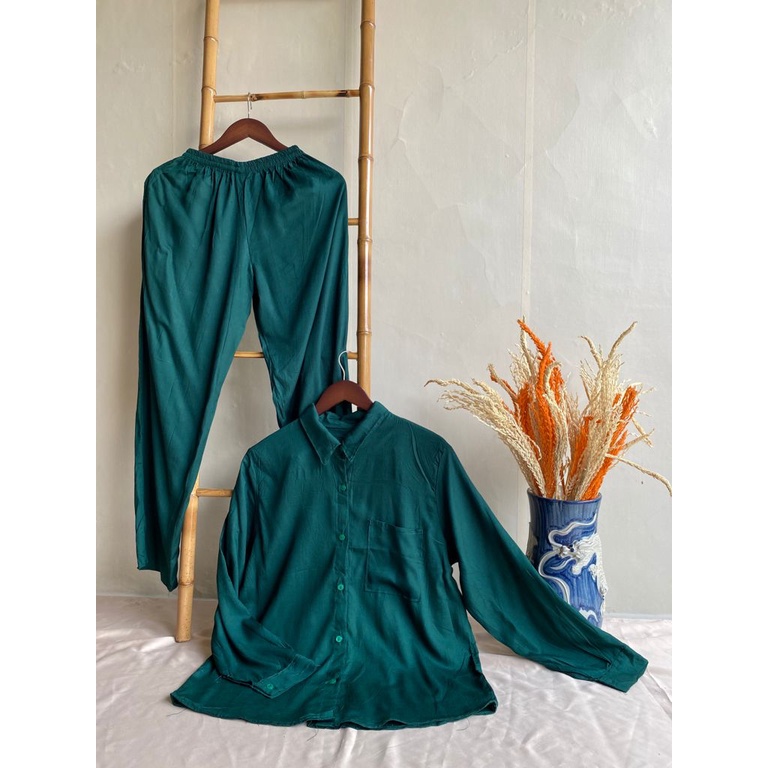 ONE SET POLOS RAYON LENGAN PANJANG Setelan Baju Kemaja dan Celana Wanita Bahan Katun Premium Terbaru