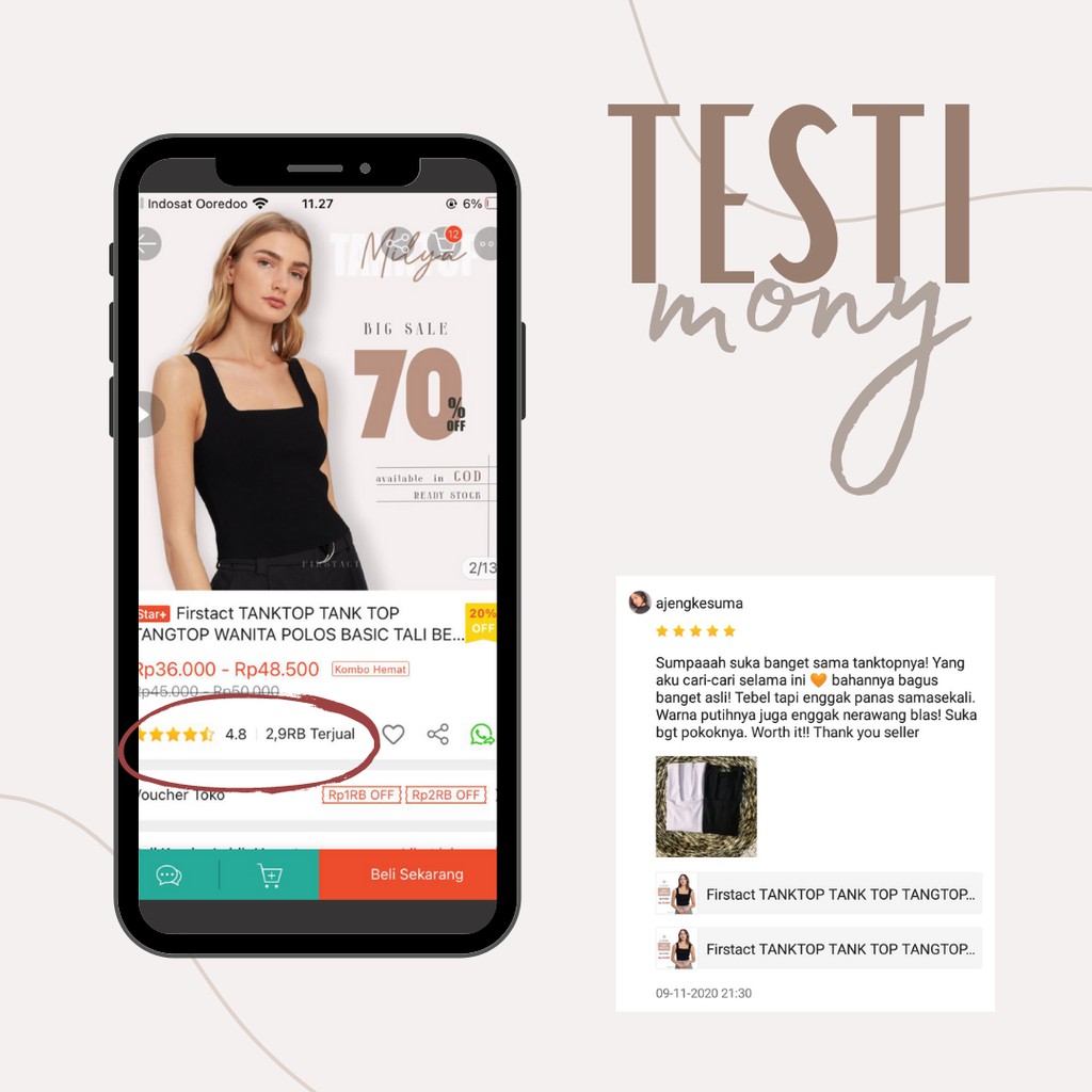 Firstact TANKTOP TANK TOP TANGTOP WANITA POLOS BASIC TALI BESAR SQUARE SPANDEK JERSEY-5