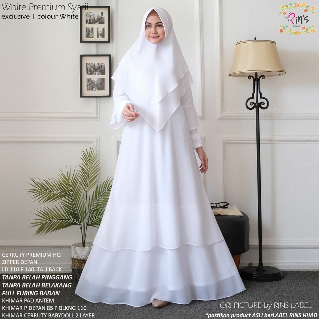 GAMIS/DRESS SYARII DENGAN FULL FURING BADAN ~ BAHAN KHIMAR CERUTY BABYDOLL PREMIUM ~ WHITE PREMIUM S