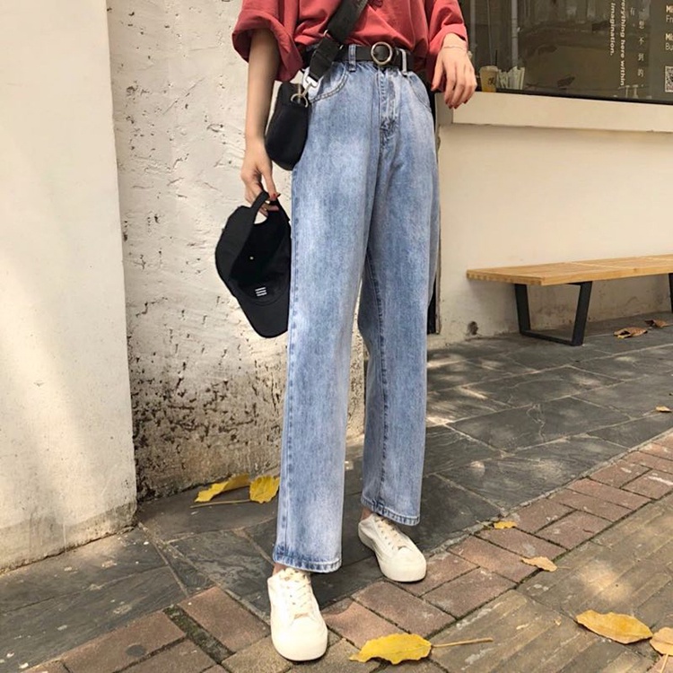 Celana Panjang Model Longgar Lebar Lurus High Waist Bahan Jeans Untuk Wanita