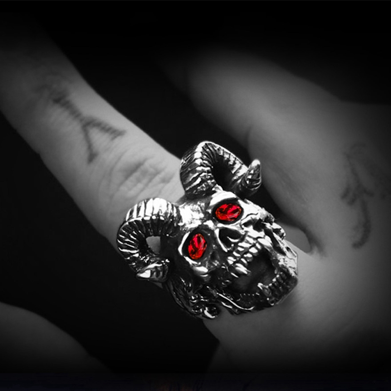 Gothic Punk Style Sheep Skull Inlaid Ring Men Gemstone