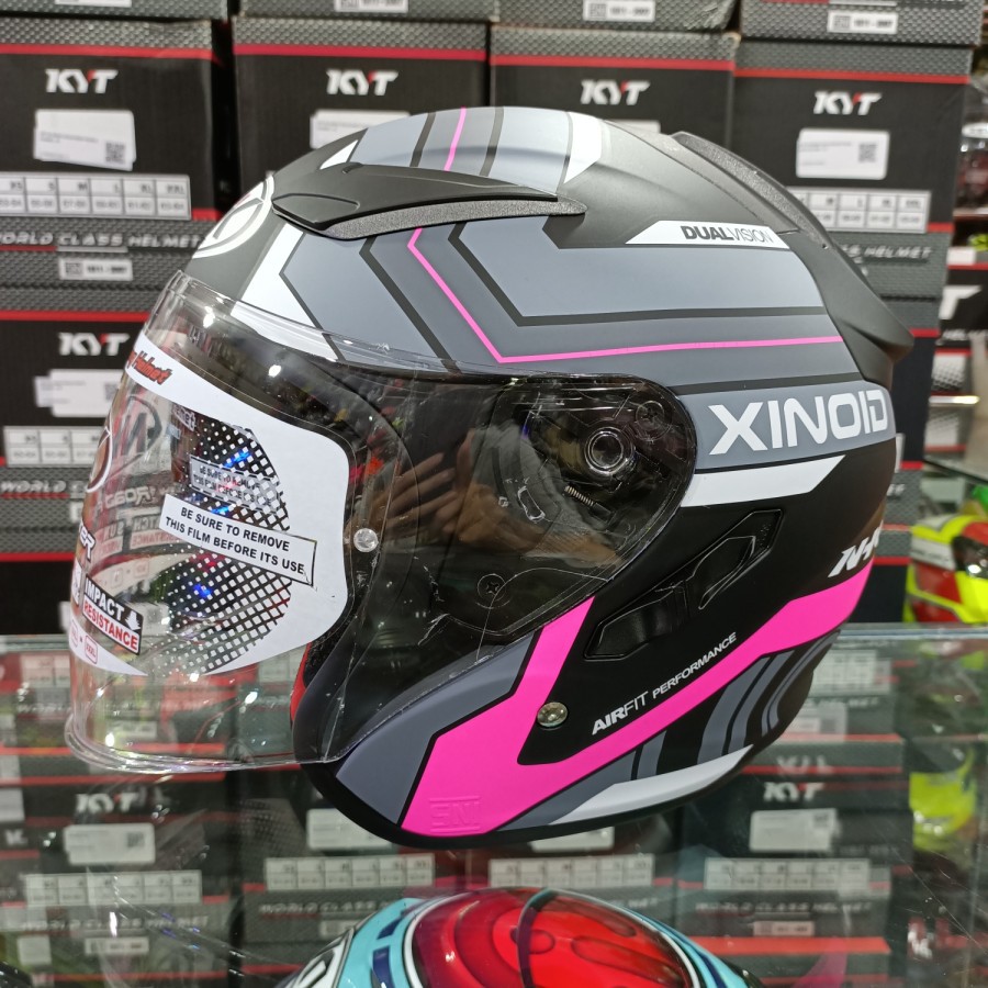 Helm NHK Half Face Double Visor R1 Xinoid Black Pink Doff Motor SNI Dewasa Pria Wanita Original