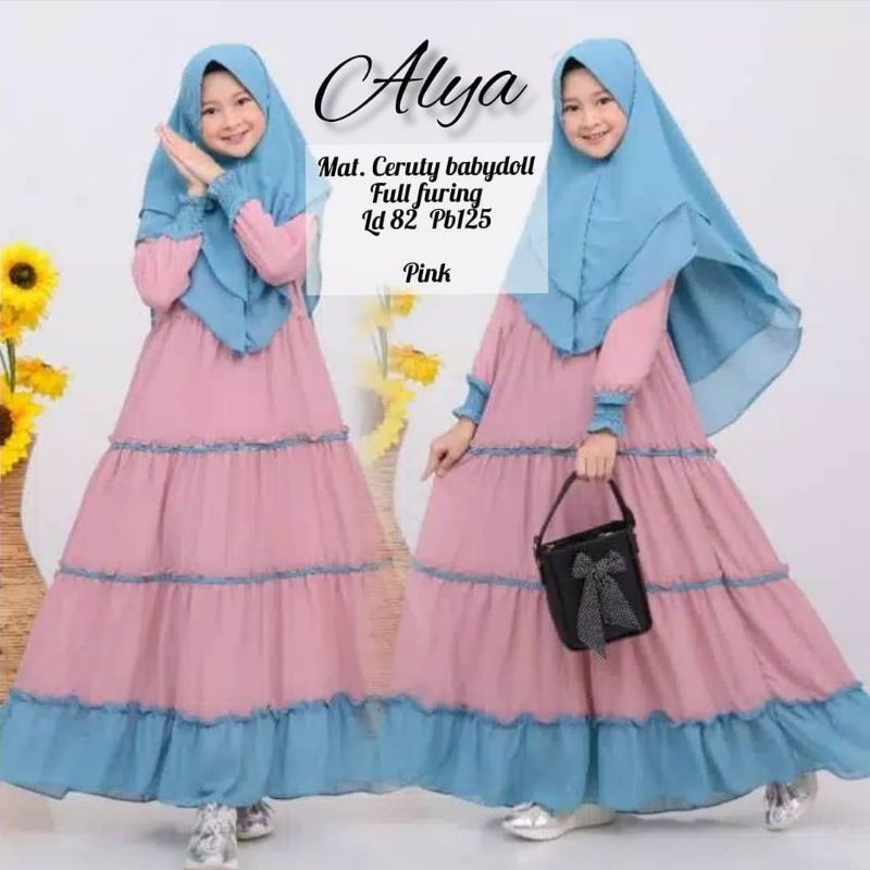 Gamis Remaja Perempuan Umur 10 11 12 13 14 15 Tahun Alya Syari Set Hijab Gamis Tanggung Bahan Ceruty