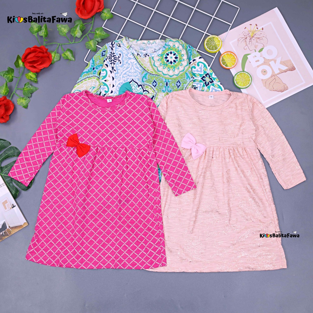 Dress Adelia 1-7 Tahun / Baju Balita Anak Perempuan Motif Bahan Kaos Adem Dres Lengan Panjang