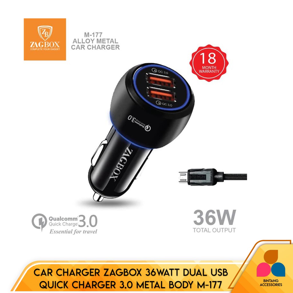 Charger Mobil Car Charger ZAGBOX Saver Mobil 2 Port USB Quick Charge Qualcomm 3.0 2.4A M-177