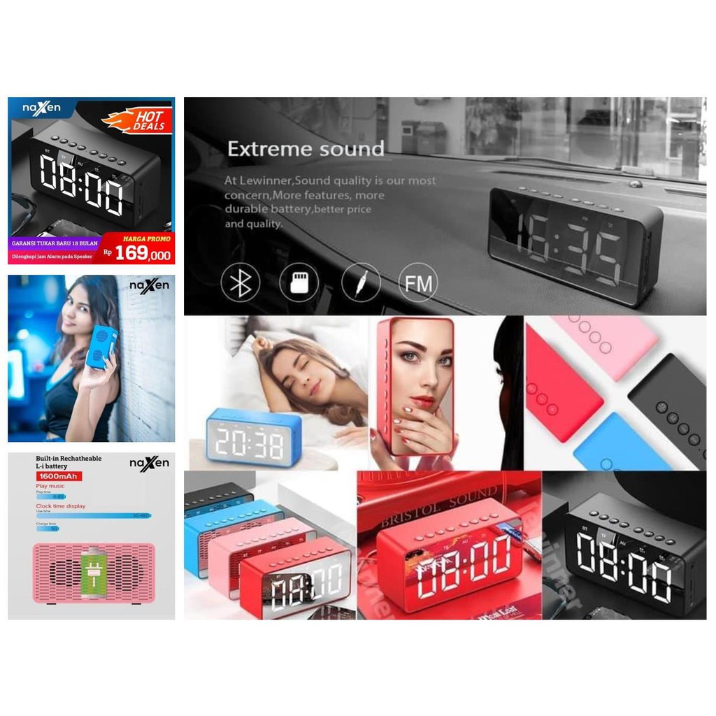 naxen speaker alarm bluetooth mini portable with fm radio + mirror   hitam