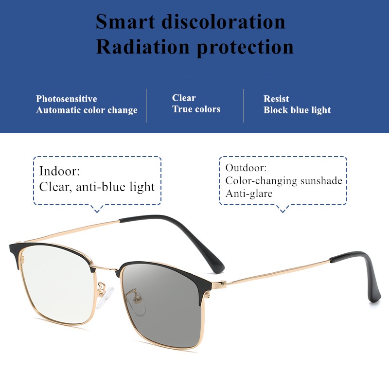 Photochromic Anti Radiation Eyeglasses Metal Frame Square Glasses Computer Eyewear for Men Women