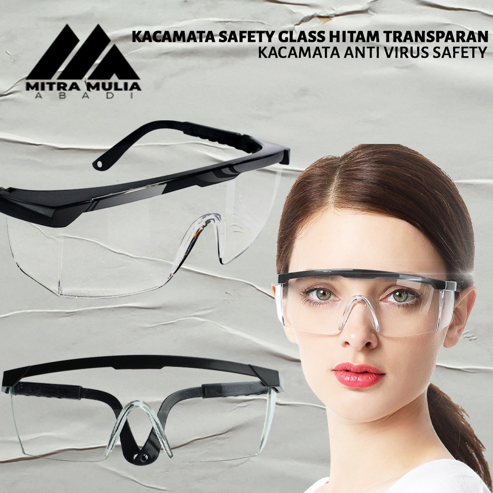 Kacamata Safety Glass Hitam Transparan | Kacamata Anti Virus Safety