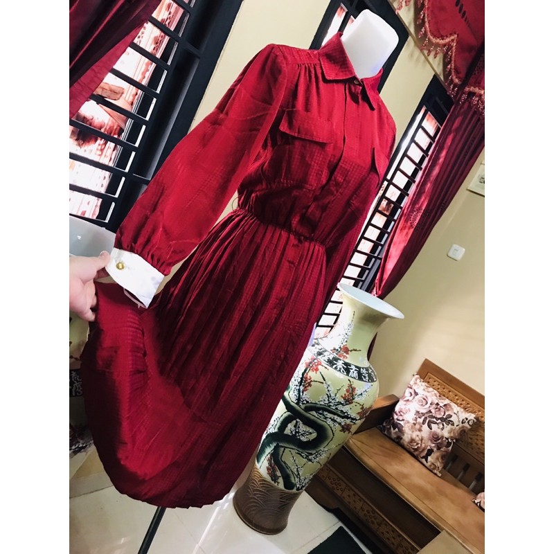 Dress vintage merah putihA26  import premium dress natal dress plisket unik long dress