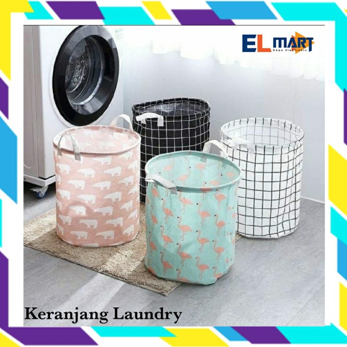 Keranjang Baju Laundry Bag Lipat Bahan Kanvas Anti Air Bulat 35x45cm