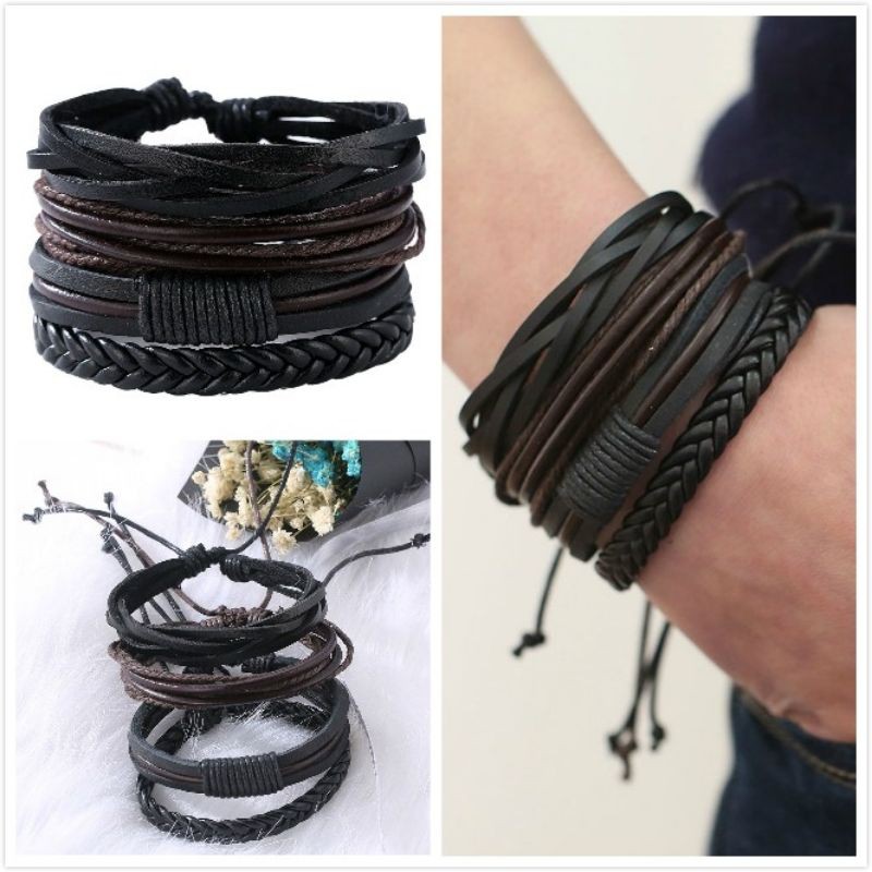 Set Gelang Kulit isi 5 pcs - Paket Gelang Tangan Leather Pria Wanita