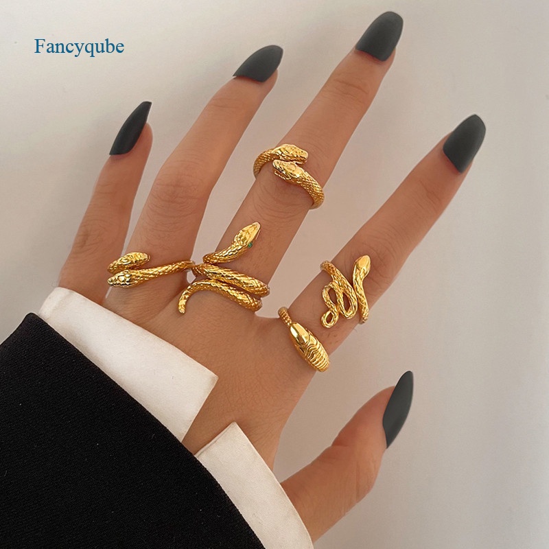 Fancyqube 1 Set Cincin Jari Bentuk Ular Geometris Warna Emas Hitam Bahan Logam Gaya Punk Untuk Wanita